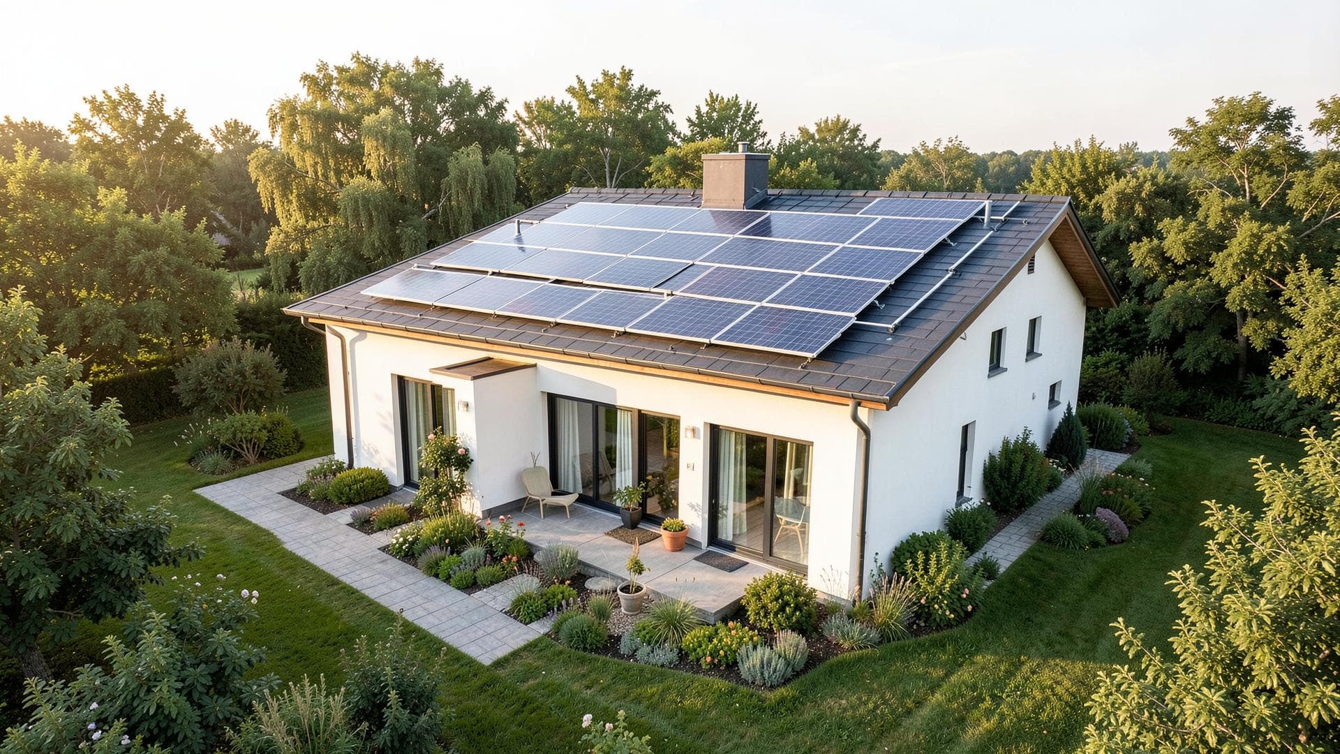 Pohled shora na zděný rodinný dům s fotovoltaickými panely na střeše a upravenou zahradou