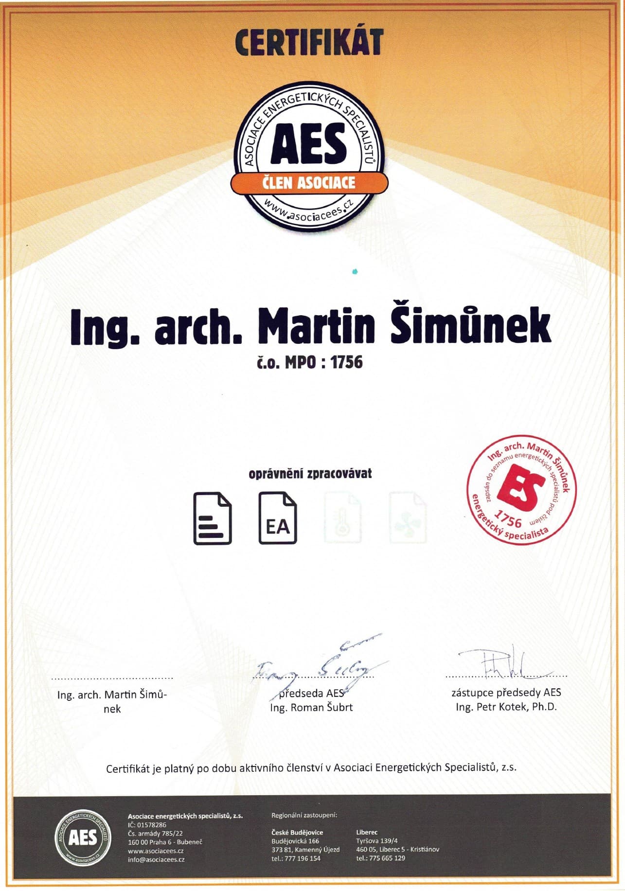 Certifikát člena Asociace energetických specialistů